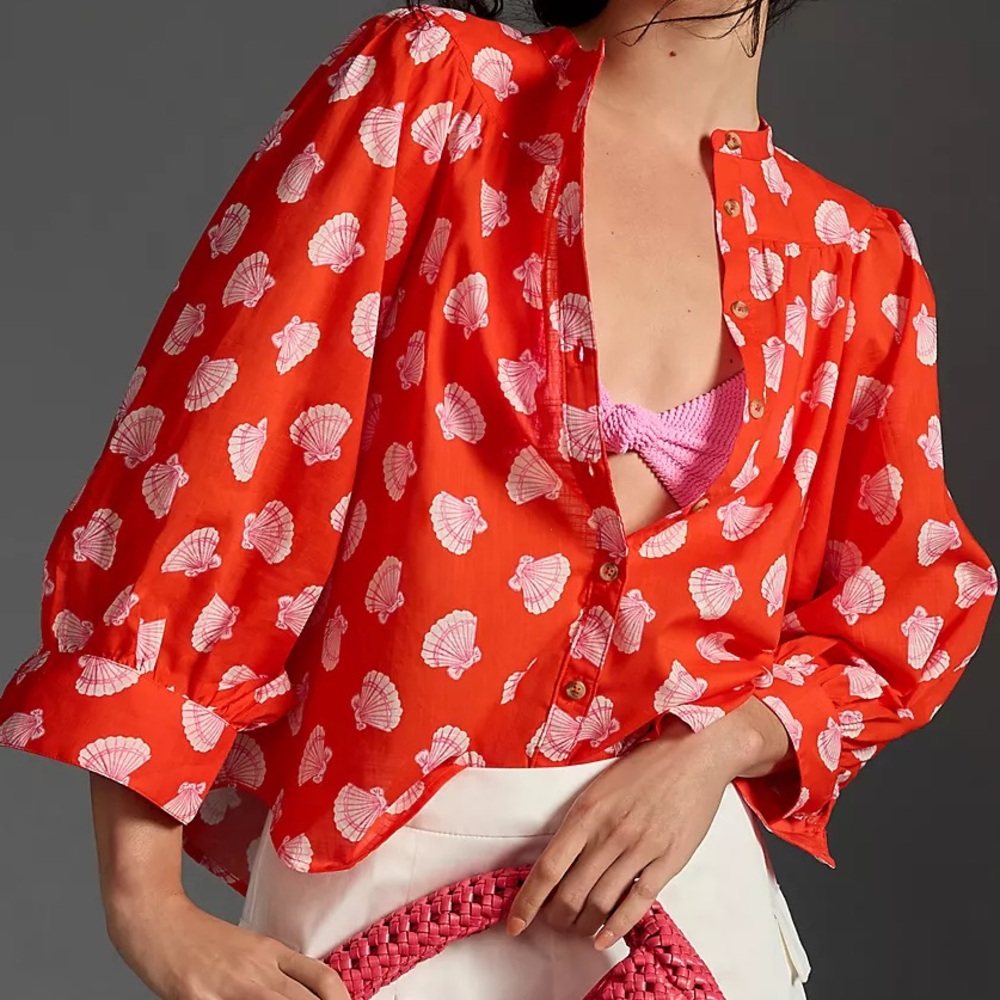 Maeve Anthropologie Shell Print red Women's puff sleeve button down blouse S - Picture 4 of 7